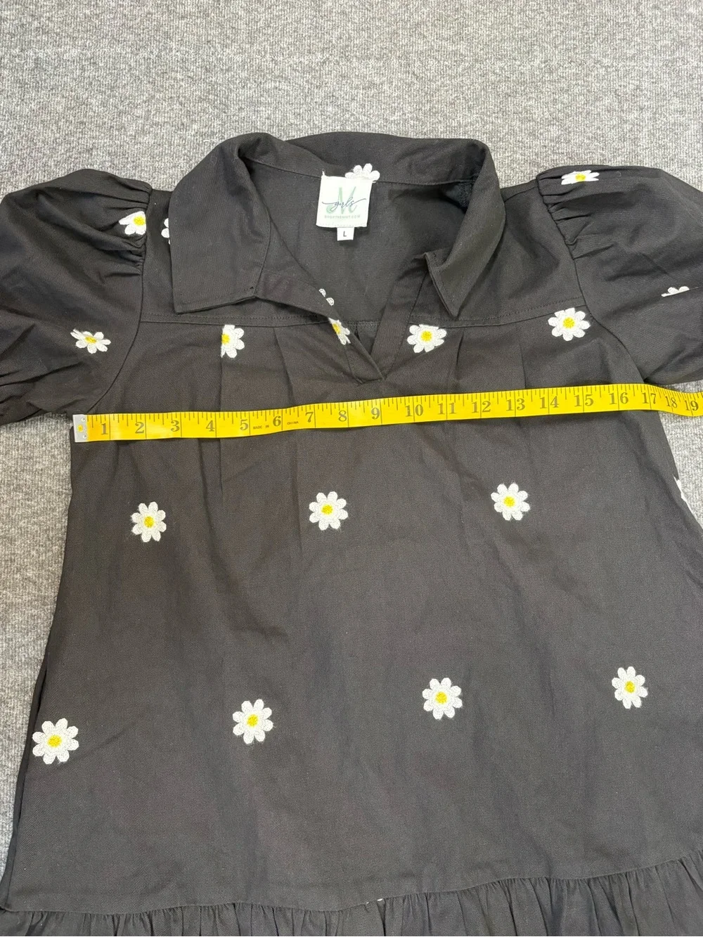 Shop the Mint Girls Size L Black Daisy Embroidered Puff Sleeve Drop Waist Dress